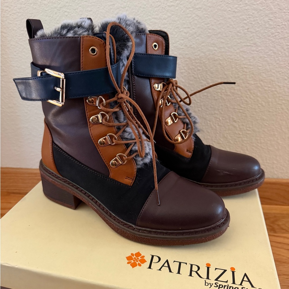 Patrizia Multi-Color Faux Fur Lace-Up Ankle Boots
